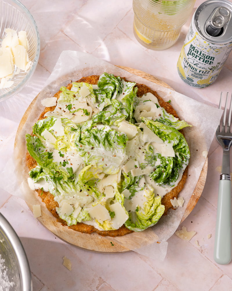 La chicken crust caesar salad pizza