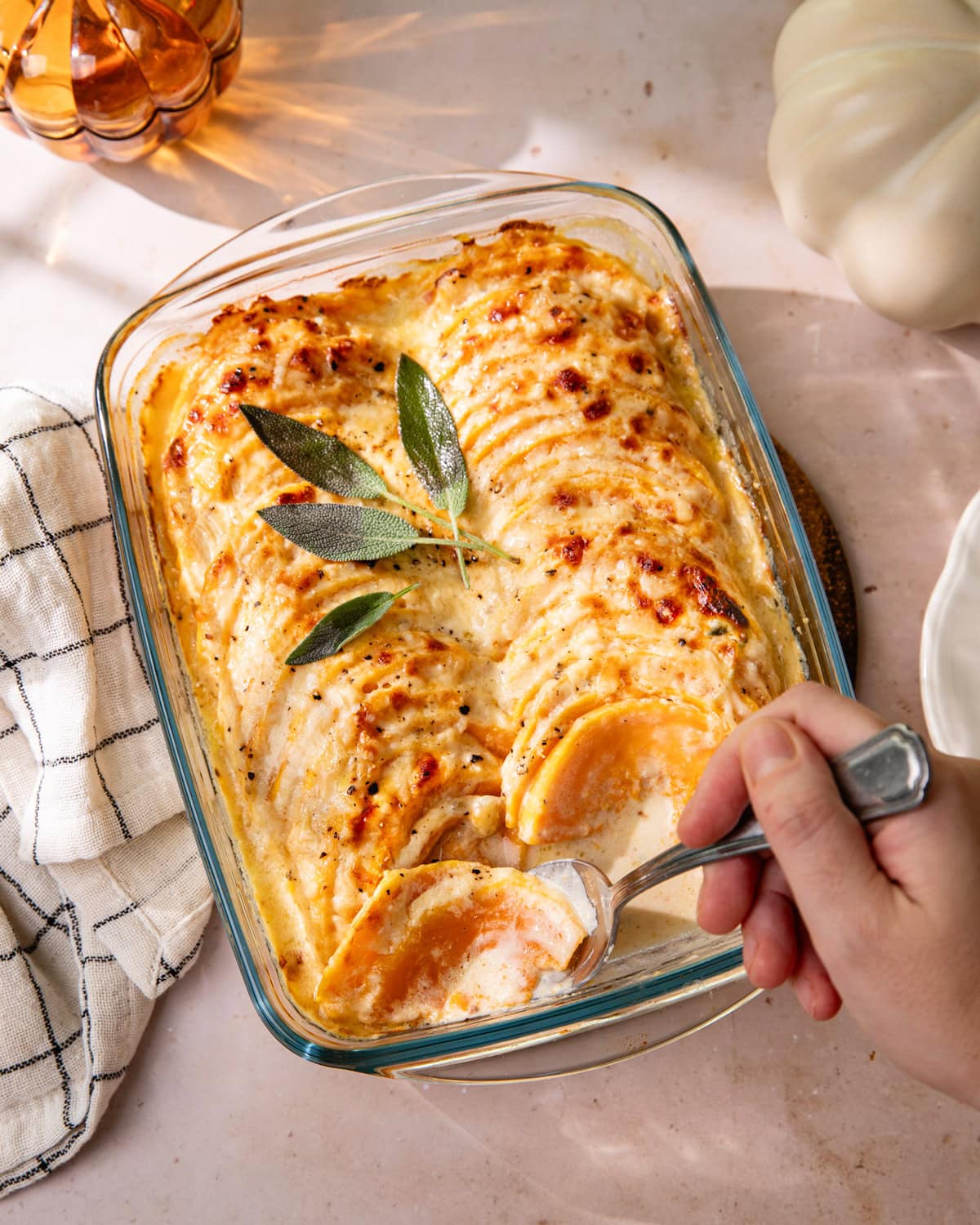 Plat de gratin de courge butternut à la sauge