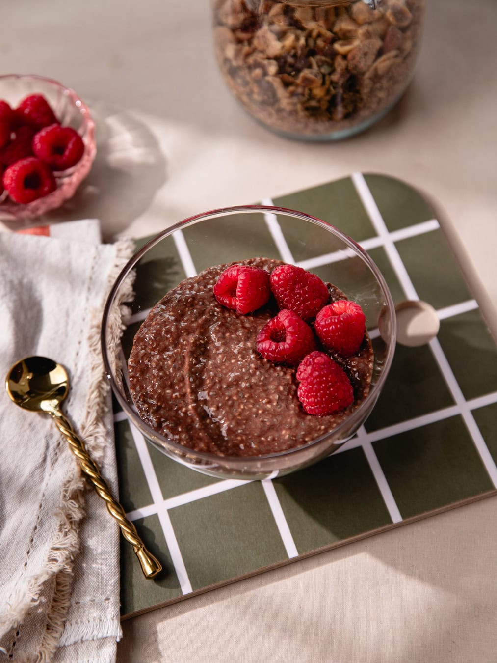 Bol de chia pudding au chocolat garni de framboises fraîches