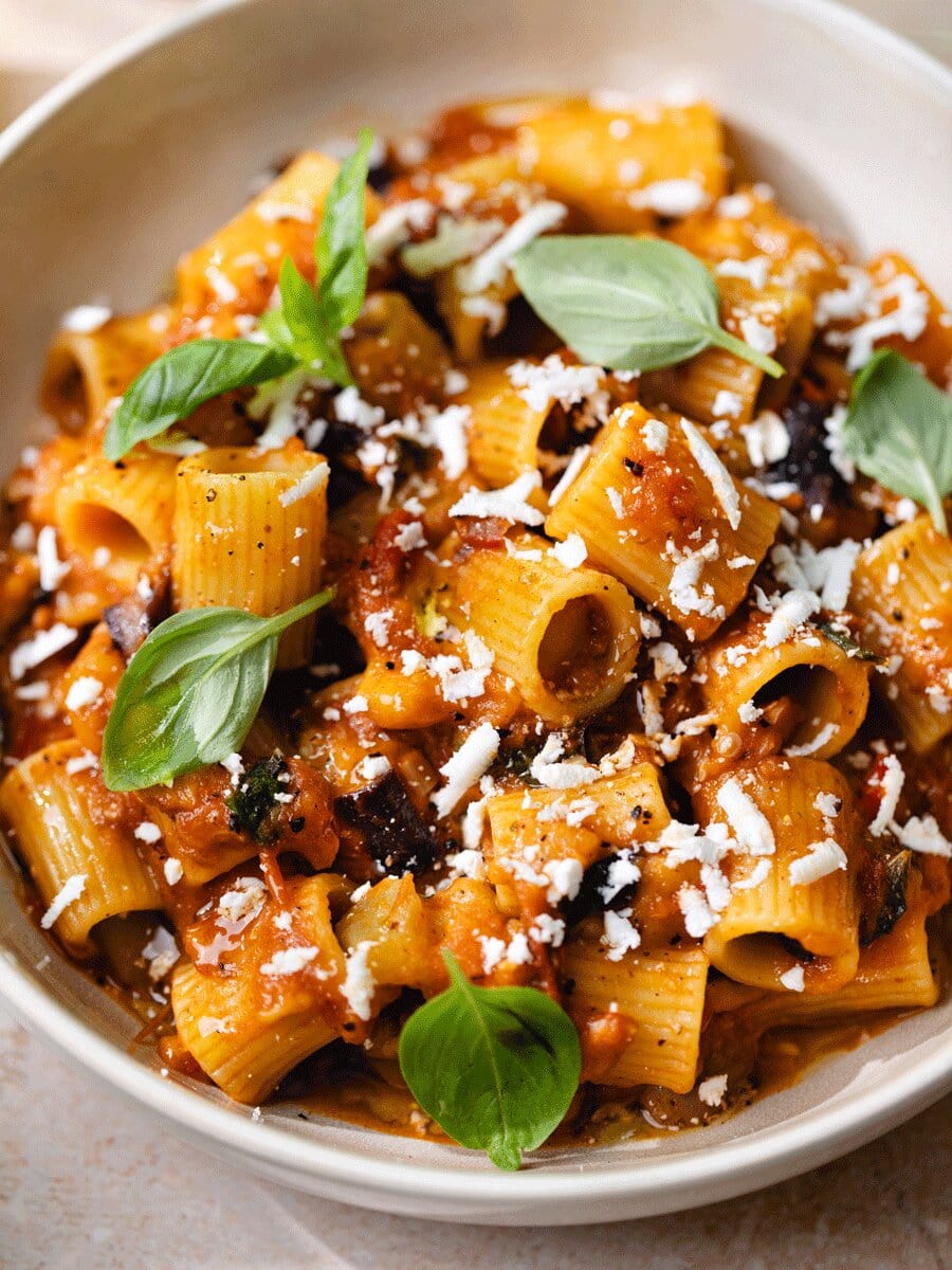 Pâtes alla Norma aux aubergines, sauce tomate maison et ricotta salata râpée, servies avec basilic frais dans une assiette, spécialité sicilienne gourmande