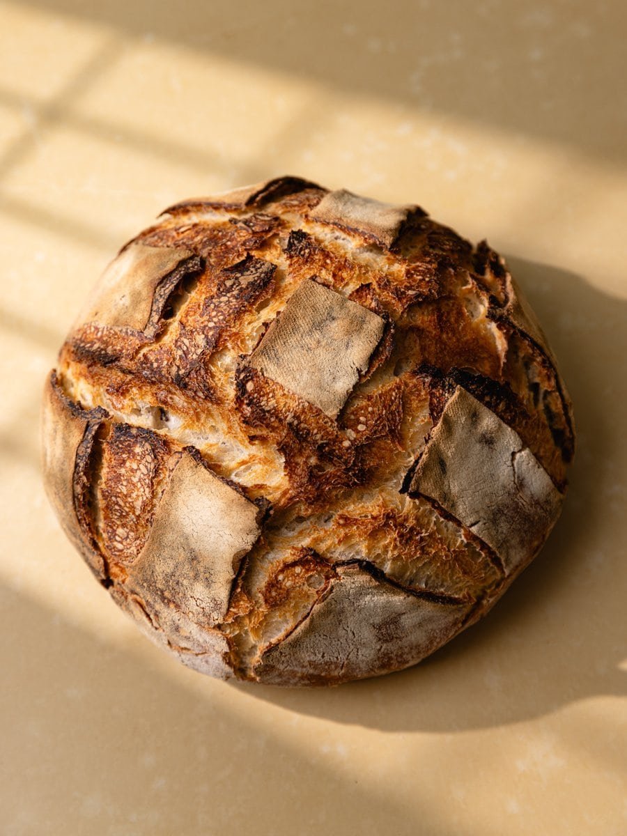 Pain blanc au levain entier avec grignes marquées et croûte dorée photographié en lumière naturelle